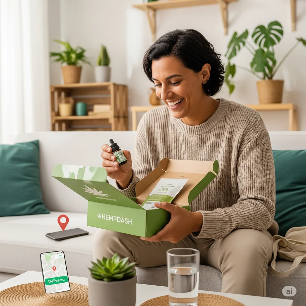 Smiling person relaxing at home after receiving HempDash delivery